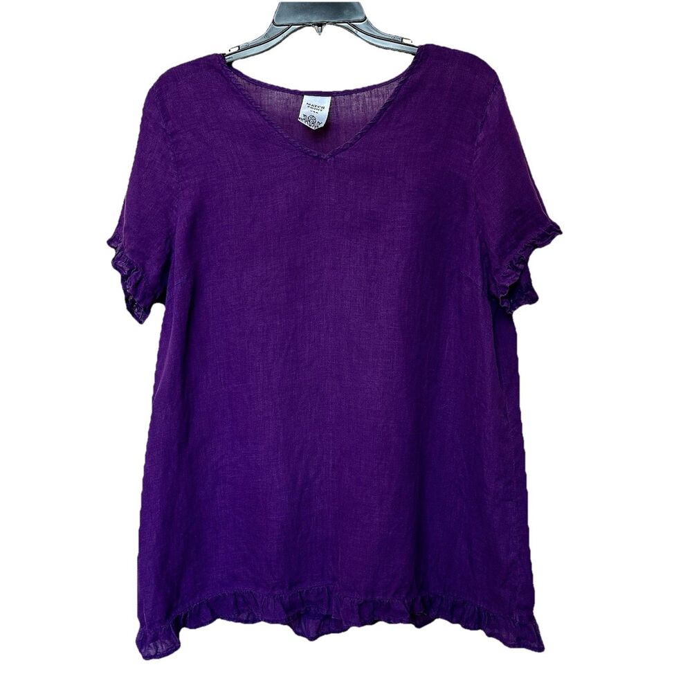 Linen Match Point Tunic Top Womens Med Purple Pullover Ruffle Lagen Coastal